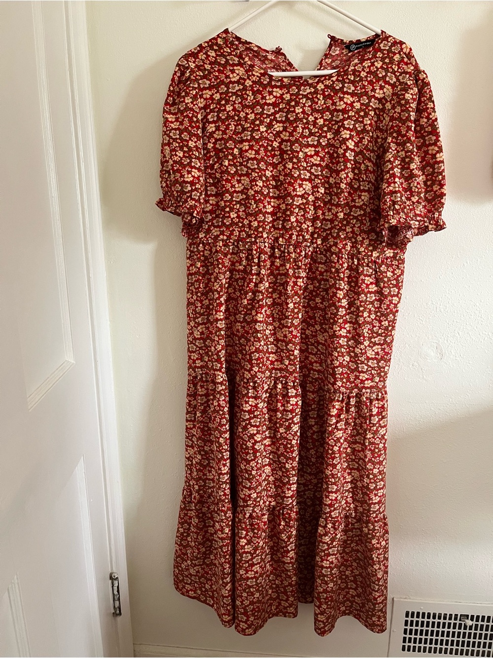Red Floral Midi Dress with Ruffle Sleeves